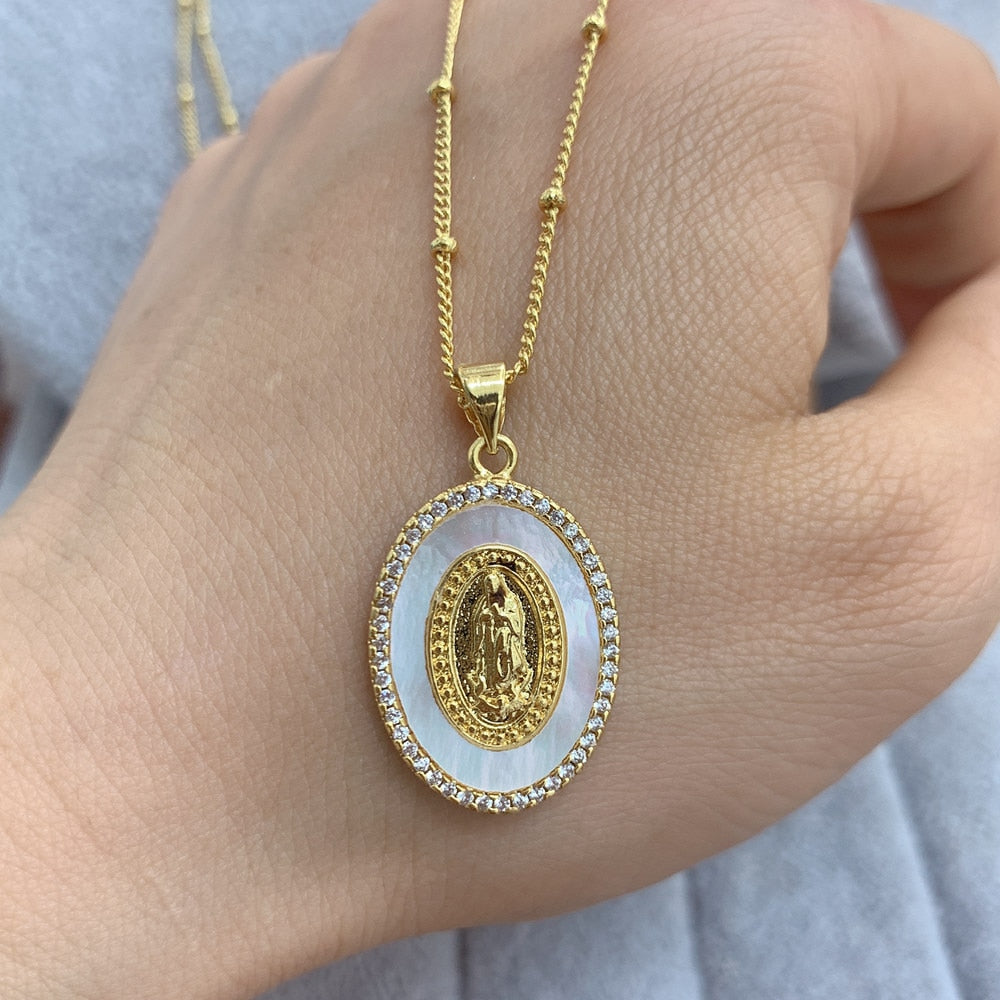 Oval Crystal Virgin Mary Necklace